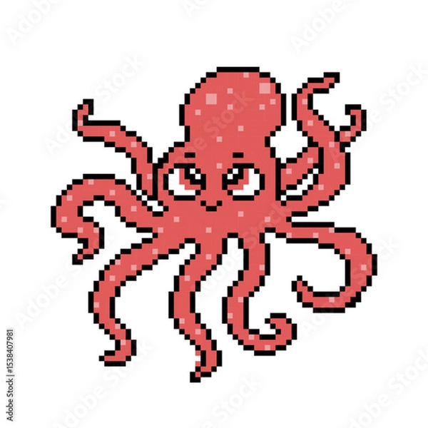 Fototapeta Happy smiling red octopus isolated on white background, cute cartoon pixel art character