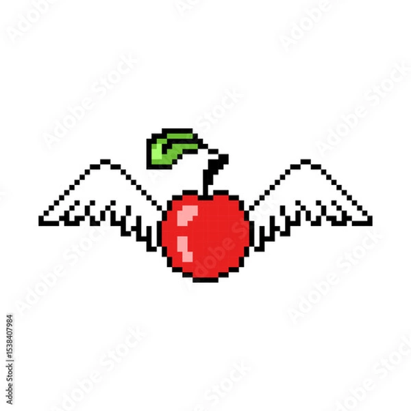 Fototapeta Red apple with a green leaf and white angel wings, vector pixel art illustration isolated on white background