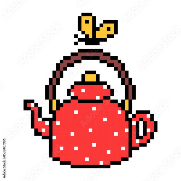 Fototapeta Cute red kettle with white polka dot pattern and a yellow butterfly, pixel art scene isolated on white background.