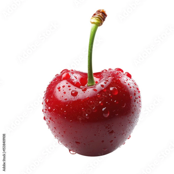 Fototapeta A single red wet cherry on transparent background