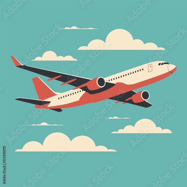 Fototapeta A vector illustration of a passenger airplane soaring through a turquoise sky with white clouds depicting air travel and transportation
