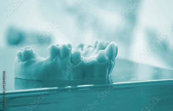 Fototapeta Prototype of human jaw gums and teeth printed on 3D printer from hardened rubber. Model of human lower gum with teeth created on 3D printer from hardened rubber under influence of ultraviolet light.