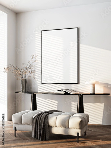 Fototapeta Frame mockup, ISO A paper size. Living room wall poster mockup. Interior mockup with house background. Modern interior design. 3D render
