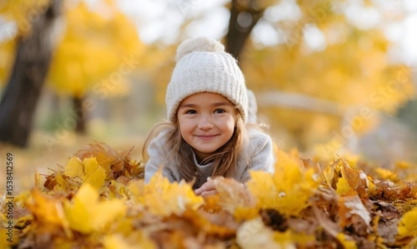Obraz Joyful child lies in autumn leaves, smiles. Kid enjoys fall season,Generative AI