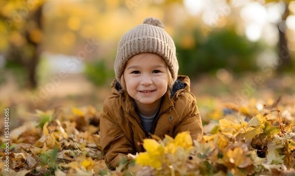 Obraz Joyful child lies in autumn leaves, smiles. Kid enjoys fall season,Generative AI