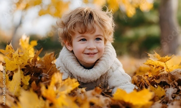 Obraz Joyful child lies in autumn leaves, smiles. Kid enjoys fall season,Generative AI