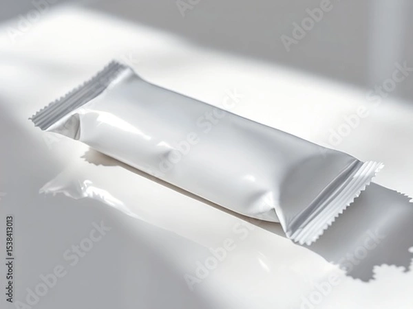 Fototapeta White foil bar packaging mockup with blank label on clean background
