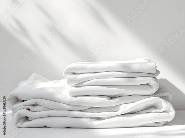 Fototapeta Stack of white folded towels and fabric on clean background mockup