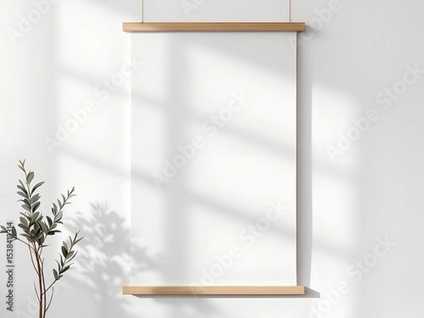 Fototapeta Blank poster frame mockup hanging on white wall with wooden frame