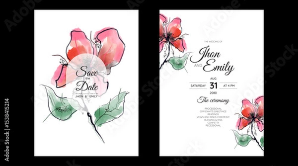 Fototapeta Set of Wedding Invitation, floral invite, thank you, rsvp rustic card design with gold foil decoration. Vector elegant modern template, trendy cover, graphic poster, retro brochure, design template
