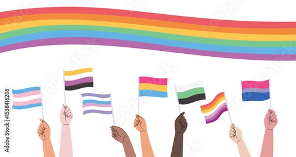 Obraz LGBT pride month horizontal banner with a big rainbow flag and lots of hands with various genders flags. Vector illustration for an annual celebration of gender diversity