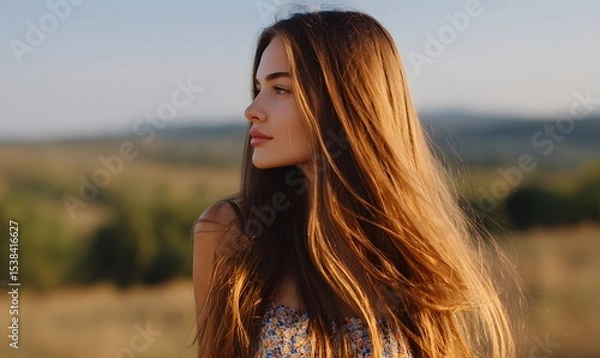Obraz beautiful young woman with long hair in nature. Generative AI