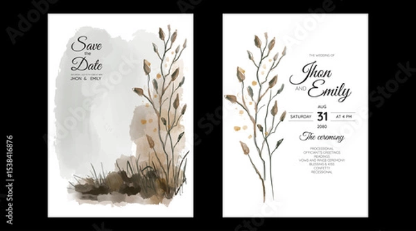 Fototapeta Set of Wedding Invitation, floral invite, thank you, rsvp rustic card design with gold foil decoration. Vector elegant modern template, trendy cover, graphic poster, retro brochure, design template
