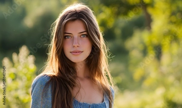 Obraz beautiful young woman with long hair in nature. Generative AI
