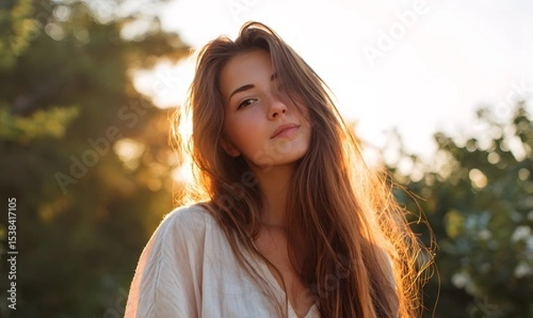 Obraz beautiful young woman with long hair in nature. Generative AI