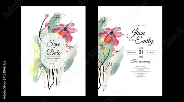 Fototapeta Set of Wedding Invitation, floral invite, thank you, rsvp rustic card design with gold foil decoration. Vector elegant modern template, trendy cover, graphic poster, retro brochure, design template