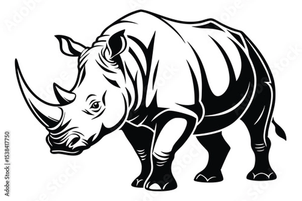 Fototapeta Bold black and white rhino stands with detailed lines showing its sturdy build
