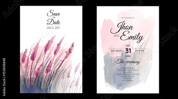 Fototapeta Set of Wedding Invitation, floral invite, thank you, rsvp rustic card design with gold foil decoration. Vector elegant modern template, trendy cover, graphic poster, retro brochure, design template