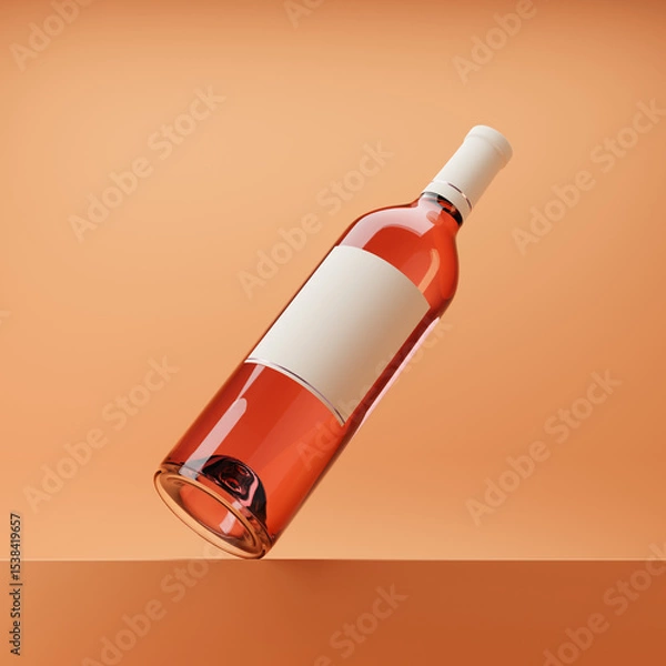 Fototapeta Bottle of rose wine with blank label standing on a podium isolated over orange background. Mockup template. 3d rendering.