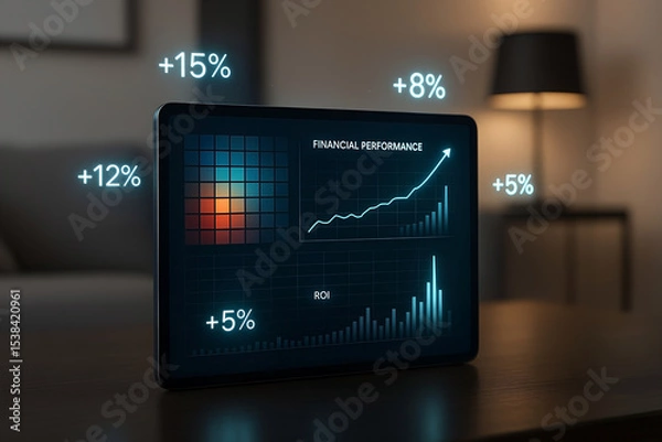 Obraz Financial performance displayed on a tablet showing positive growth and return on investment with increasing percentages in a modern setting