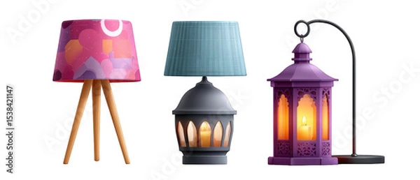 Obraz Three distinct lamp designs showcasing unique styles and colors, set against a neutral backdrop