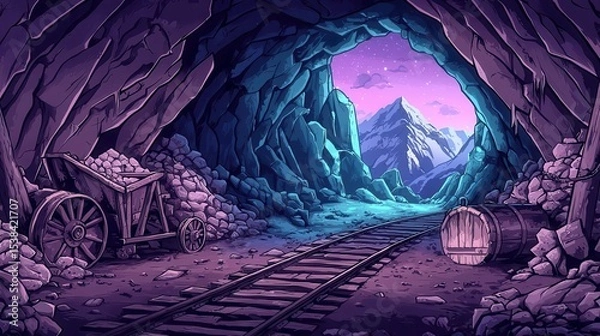 Obraz Underground mine with glowing gemstones, old rail carts, and massive mechanical drills in operation