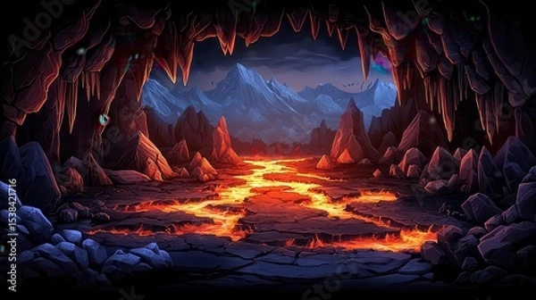 Obraz Underground magma cavern with towering crystal formations, rivers of lava flowing between jagged rocks