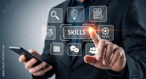 Fototapeta Businessman selects skills development on digital interface  Modern technology improves professional growth and career advancement.