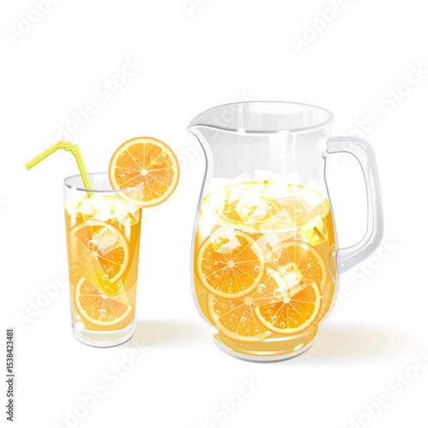 Obraz Orange Juice with Orange Pieces in a Glass Jug and Glass