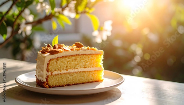 Obraz Sprinkled Cake Slice on White Plate - Outdoor Dining Setting