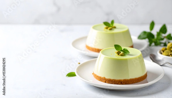 Obraz Two Round Desserts with Mint Garnish on White Surface
