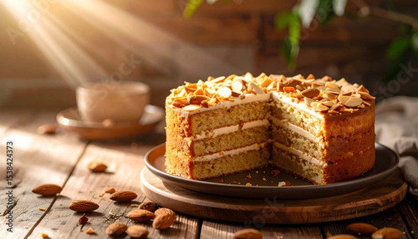 Obraz Cozy Afternoon Layered Nut Cake with Coffee on Wooden Surface