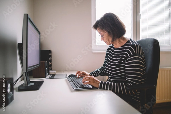 Fototapeta Elderly woman is typing on the keyboard