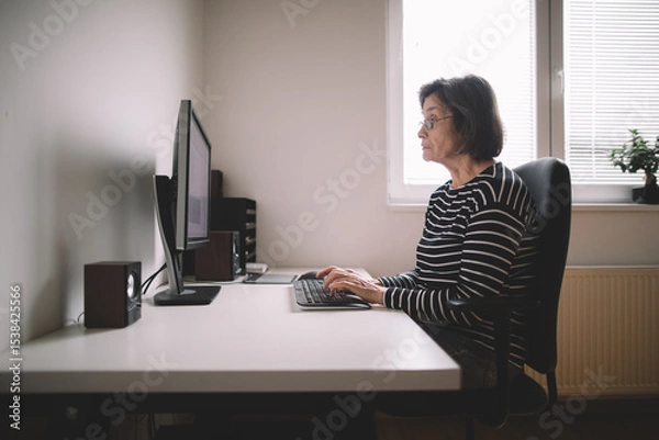 Fototapeta Elderly woman is typing on the keyboard
