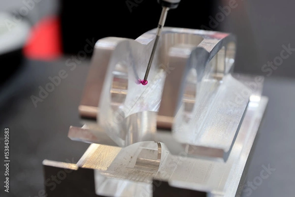 Fototapeta Computerized measurement and control device of the dimensions of a metal engine block part with a probe stylus ball tip of multi-axis coordinate measuring machine.