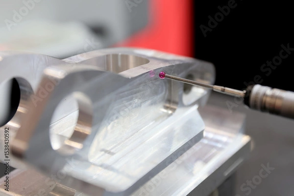 Fototapeta Computerized measurement and control device of the dimensions of a metal engine block part with a probe stylus ball tip of multi-axis coordinate measuring machine.