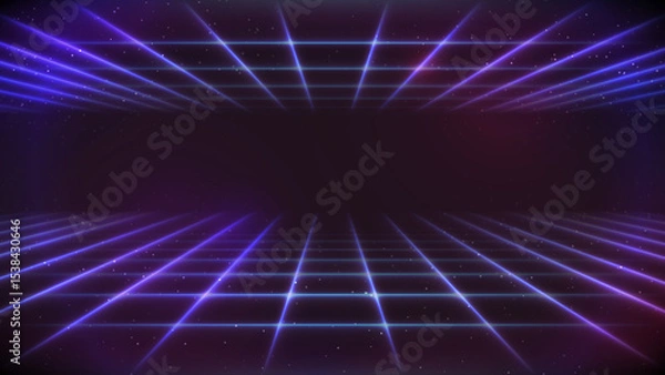 Fototapeta Synthwave background. Dark Retro Futuristic backdrop with double horizontal neon perspective grid and starry sky. Abstract Retrowave template. 80s Vaporwave style. Stock vector illustration