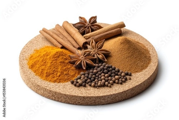 Fototapeta A top-down composition of aromatic whole and ground spices including turmeric, paprika, cumin