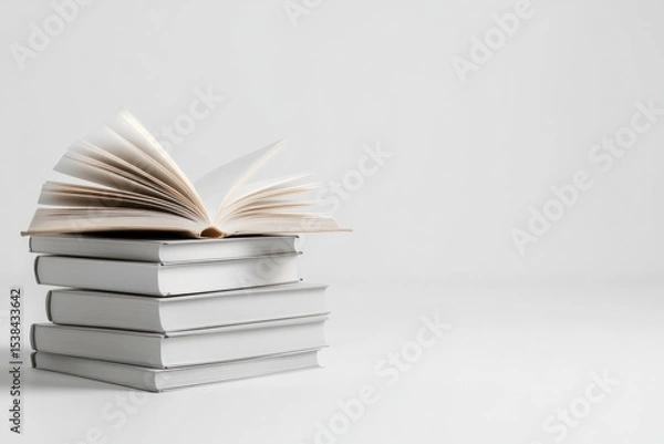 Fototapeta Realistic stack of books with some open at various angles, pages curling naturally and subtle shadows cast around
