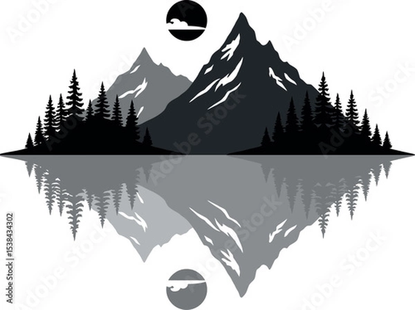 Fototapeta Mountain lake reflection silhouette isolated on white background