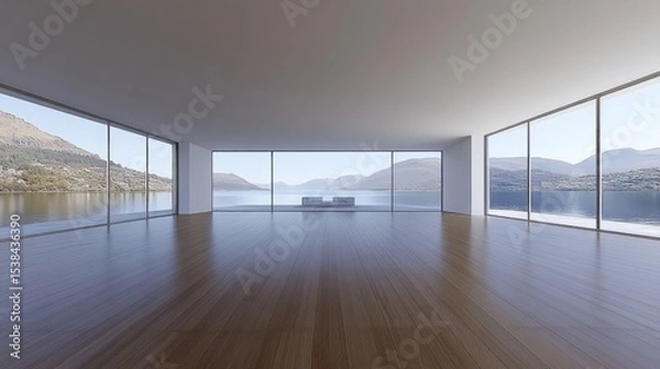 Obraz Spacious modern room with panoramic lake views.