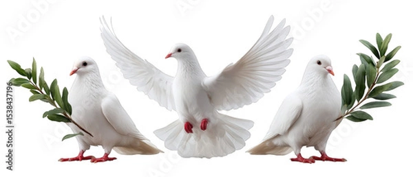 Obraz Three white doves gracefully arranged, one in flight, holding olive branches, symbolizing peace