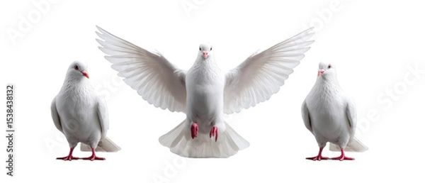 Obraz Three white doves in flight and at rest, showcasing their feathers against a neutral backdrop