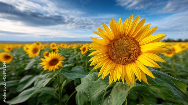 Fototapeta Sunflower stands out prominently among field of sunflowers, vibrant yellow petals contrasting against green foliage. Open sky with dynamic cloud formations enhances tranquil rural setting