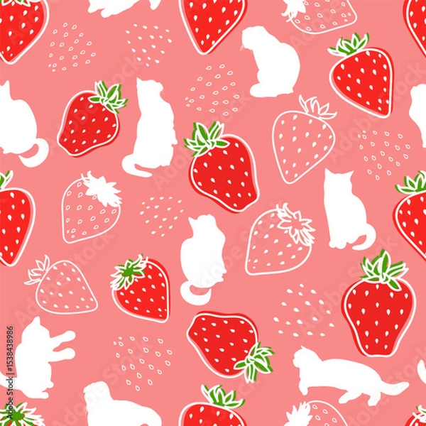 Fototapeta Summer Strawberry Fruit and Cat Seamless Pattern