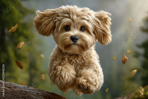 Fototapeta Fluffy dog jumps with excitement among falling leaves in vibrant forest. Warm light filters through trees, creating a lively outdoor atmosphere
