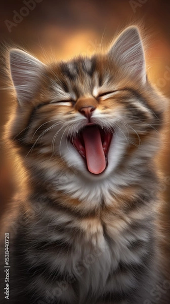 Fototapeta Kitten yawning joyfully, displaying playful expression. Soft fur and bright eyes captured in warm background. Concept of pet care, animal portraits, veterinary services