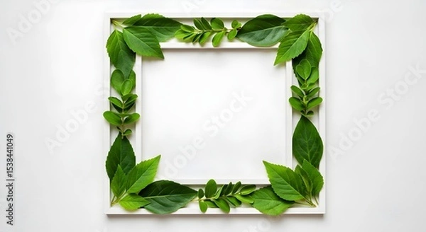 Fototapeta Flat lay of a creative layout featuring green leaves with a white square frame, designed as a template for an advertising card or invitation