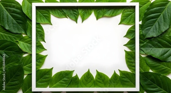 Fototapeta A minimalist flat lay of a clean white frame on vibrant green leaves, creating a fresh, natural border with central copy space for eco-friendly concepts.