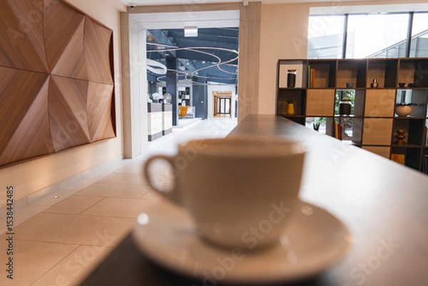 Obraz Luxurious hotel interior featuring geometric wooden wall art, large windows, curved ceiling lights, and a blurred coffee cup in the foreground.